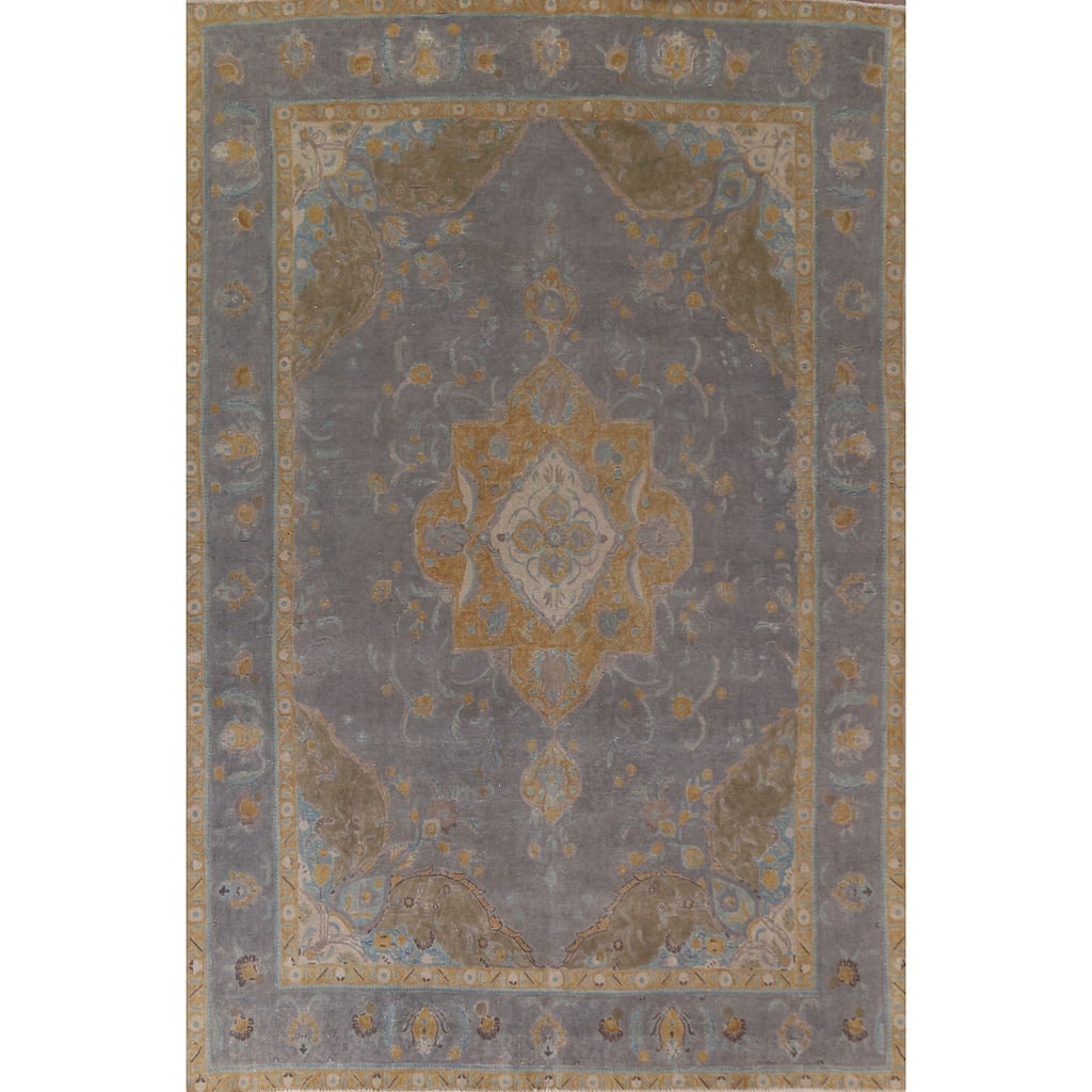 Hand Knotted Oriental 100% Wool Carpet Traditional Floral Greys & Charcoal Tabriz Area Rug - 12' 8'' X 9' 3''
