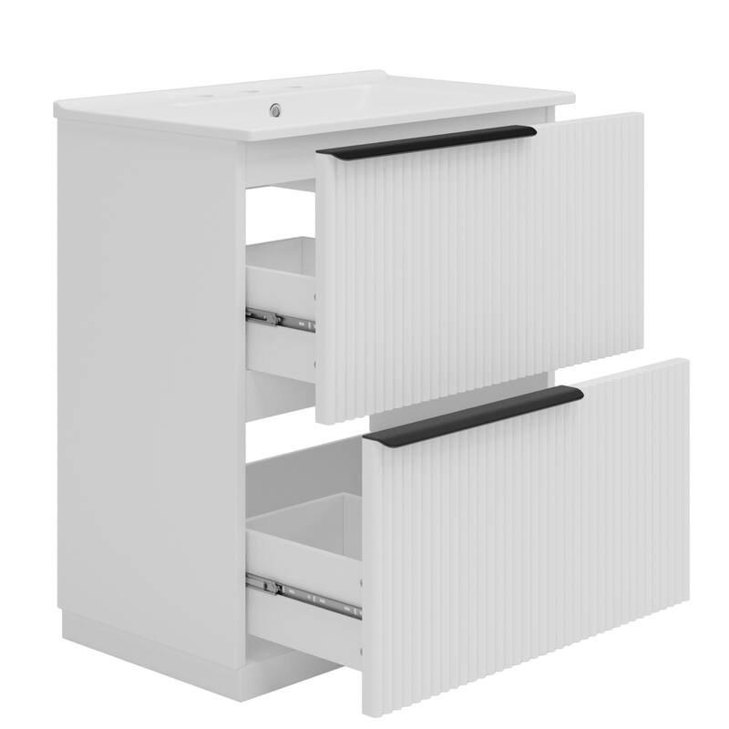 Vertical Grooves Bathroom Cabinet Storage Vanity with Ceramic Sink, Full-Extension Split Drawers and Soft Close Drawer Slides