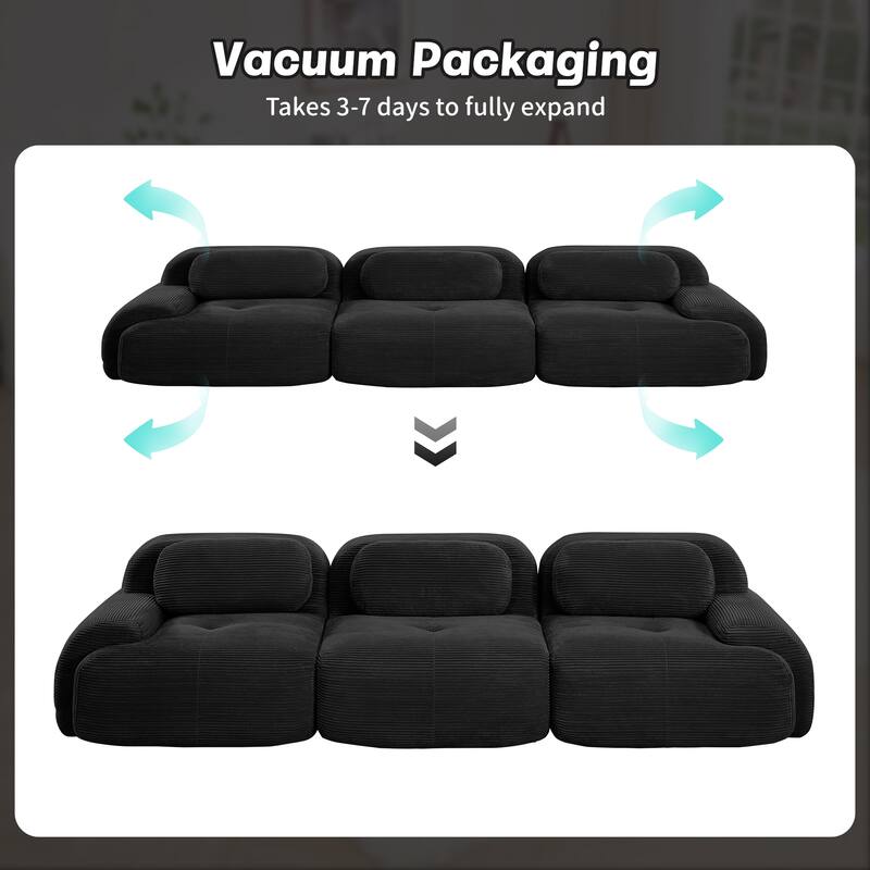 Anmytek Modern 3 Seat Black Modular Corduroy Sofa No Assembly Sectional Couch