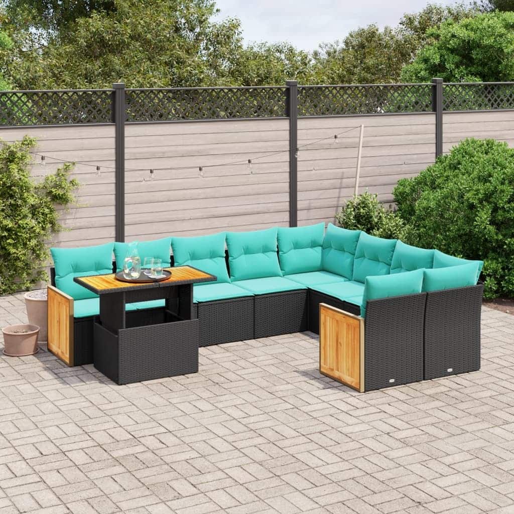 vidaXL 10 Piece Patio Sofa Set with Cushions Black/Gray Poly Rattan - 21.7 x 24.4 x 27.2
