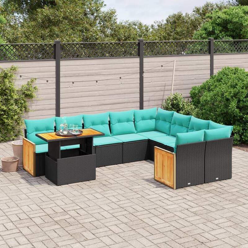 vidaXL 10 Piece Patio Sofa Set with Cushions Black/Gray Poly Rattan - 21.7 x 24.4 x 27.2 - Black