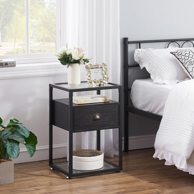 Tamika 3-pieces Metal Bed Frame Tempered Glass Nightstands Set