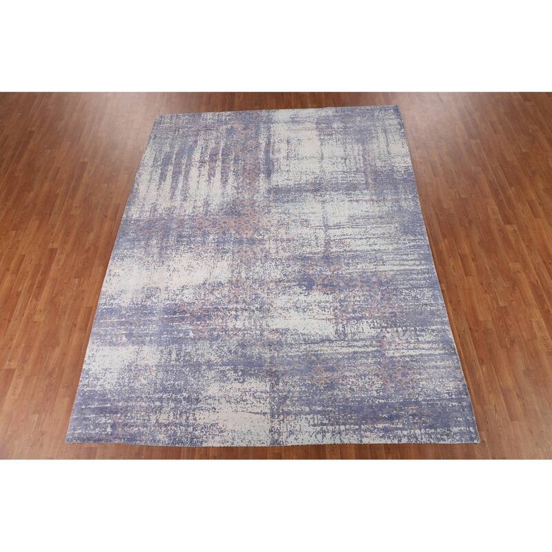 Contemporary Abstract Area Rug Handmade Blue Wool Carpet - 8'0" X 10'2"