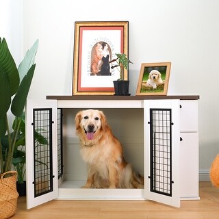 View of Furniture style dog cage, wooden dog cage, double door dog cage, side ...