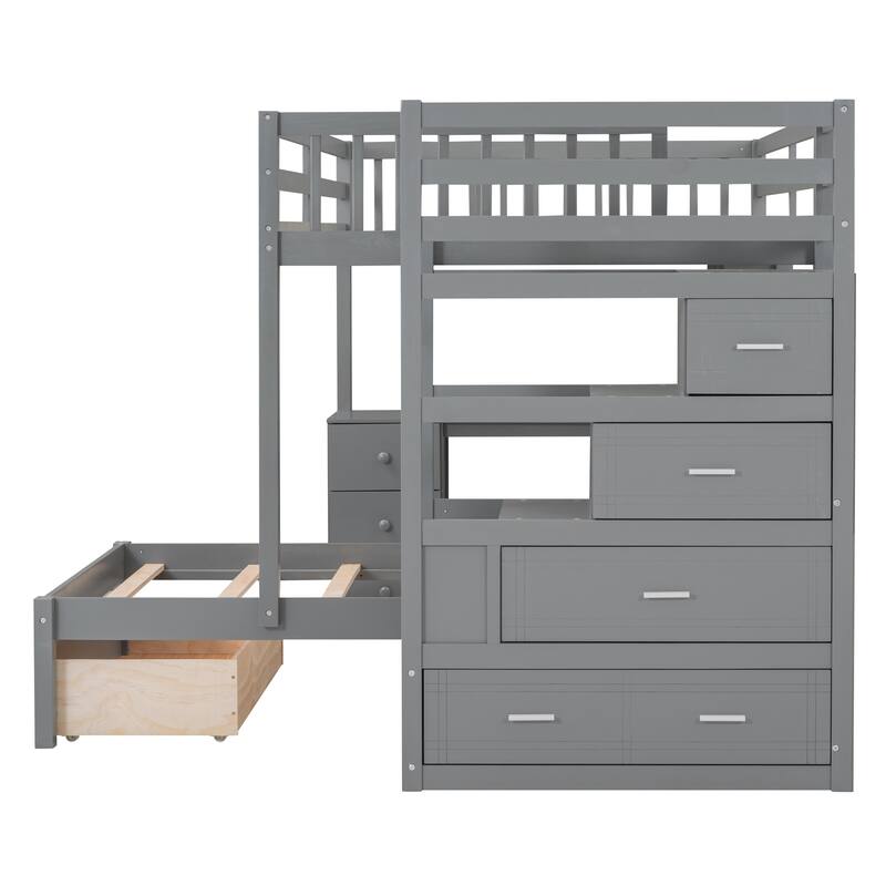 Full Over Twin Bunk Bed with Desk, Drawers, and Shelves in Gray