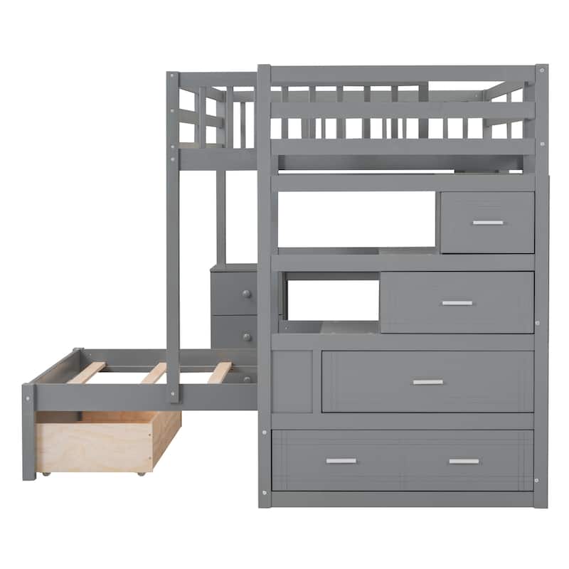 Full over Twin Size Solid Wood Bunk Bed with Desk, Drawers and Shelves