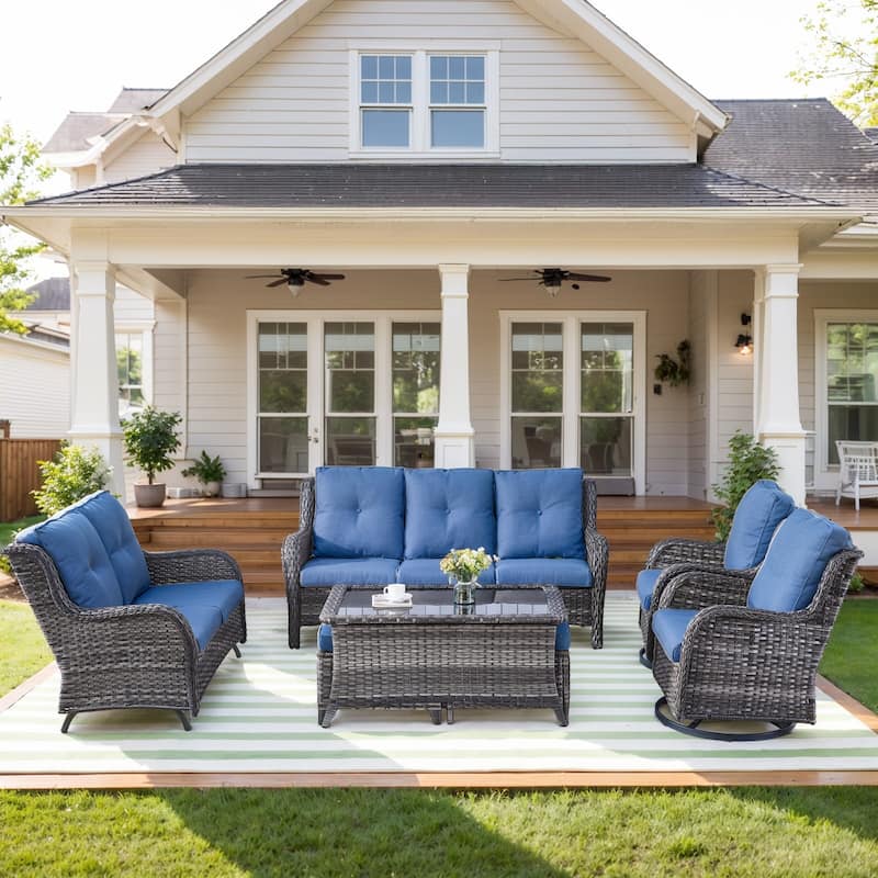 Outside Glider Sofa with Club Chair and Sofa Ottomans - Blue cushion - Grey - Blue - Grey