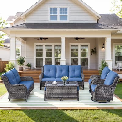 Outside Glider Sofa with Club Chair and Sofa Ottomans - Blue cushion - Grey