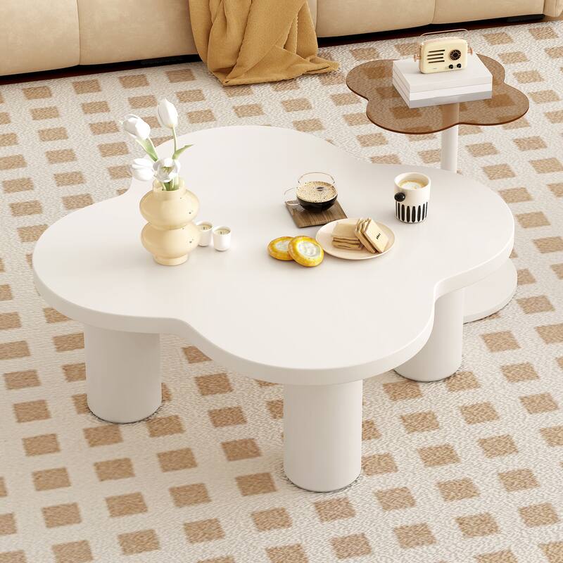 Modern Coffee Table Set of 2, Irregular Shape Coffee Table with 4 Roman Column Legs and End Table with Glass Top for Living Room