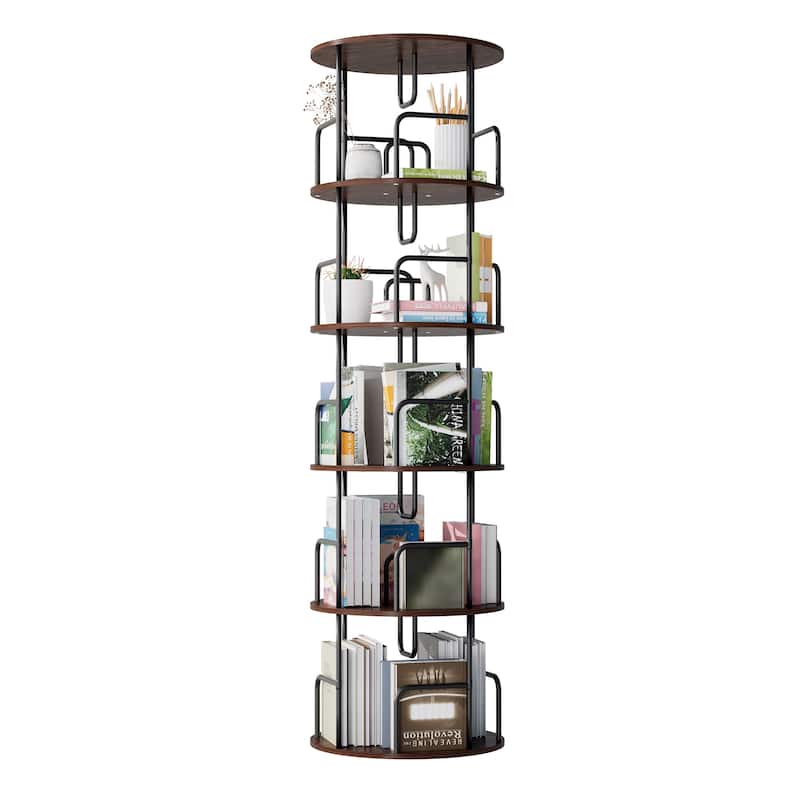 Rotating Bookshelf Tower 5 Tier, Spinning Bookcase, Vertical Turning Round storage Bookshelf - Walnut Brown