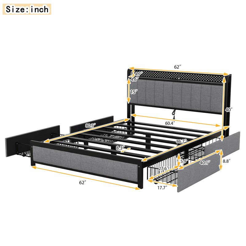 Queen Upholstered Bed Storage Bed Frame Design, Storage Shelf LED