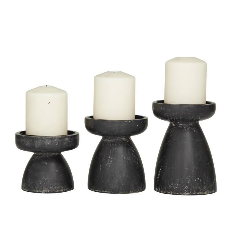 Wood Pillar Candle Holder with White Wash Finish - Set of 3 Black or Brown - Roche River Decor - Black