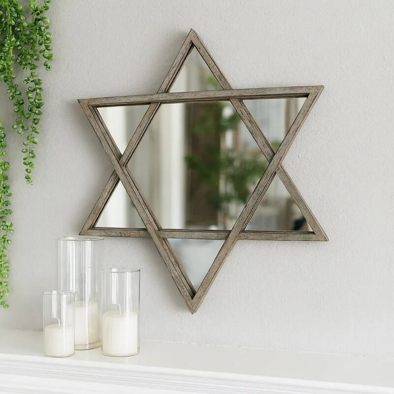 Transitional Wooden Wall Mirror with Hexagram Shape Design, Brown