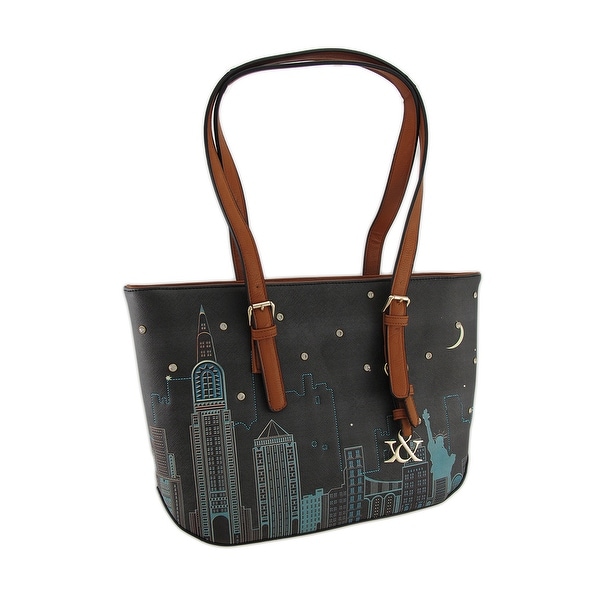 Colorful Cityscape Scene Textured Vinyl Handbag. Opens flyout.