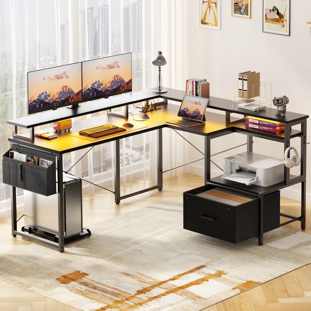 L Shaped Desk with File Drawer and Printer Stand, Reversible Corner Computer Desk with Power Outlet and LED Strip