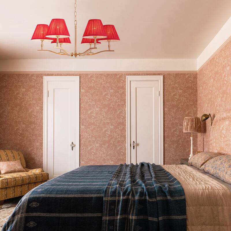 31.5" W Mid-Century Traditional Brass Finish Dimmbale Chandelier with Red Pleated Fabric Shades for Living & Dining Room