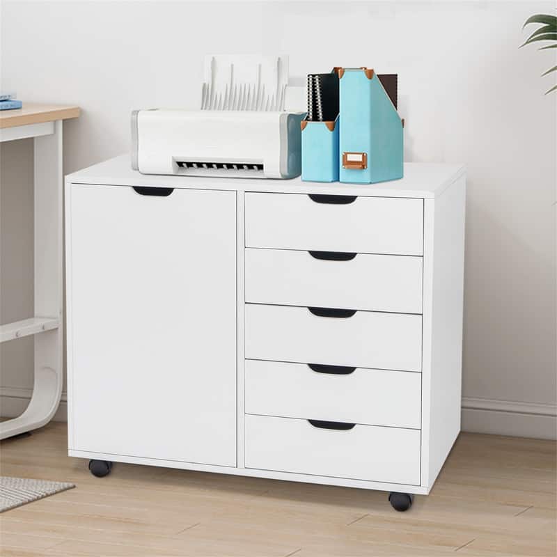 Single Door Five Drawers MDF With PVC Wooden Filing Cabinet White
