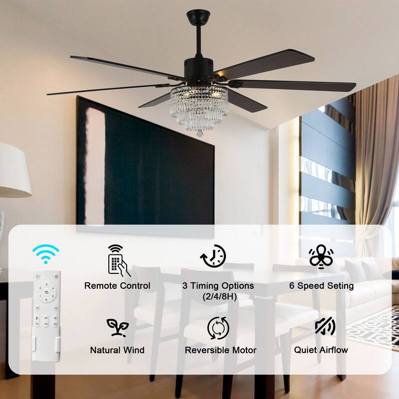 Bella Depot 65" Mondern Crystal Drum Ceiling Fan 6-Speed Reversible with Light and Remote