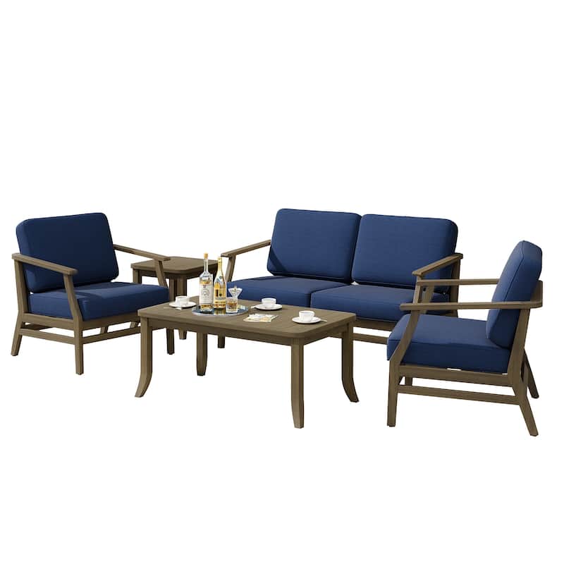 5-Piece Outdoor Teak Wood Patio Conversation Set with Cushions