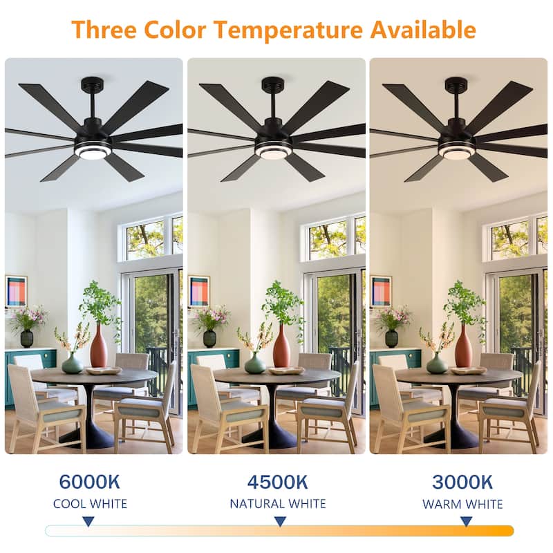 72 Inch 8 PCS Plywood Reversible Blades Ceiling Fan With Light Kit 3 Color Dimmable LED, DC 6 Speed ,Remote Control