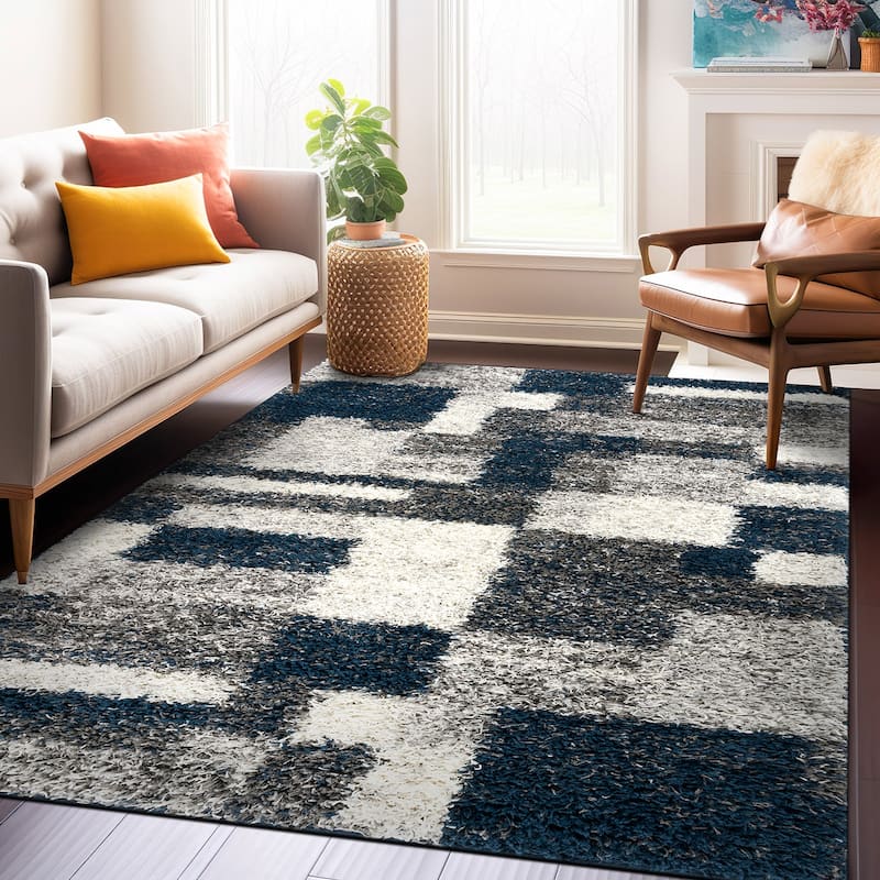World Rug Gallery Distressed Modern Boxes Plush Shag Area Rug