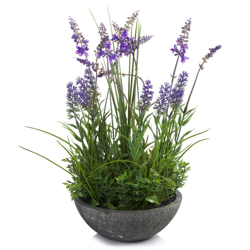Enova Home Artificial Lavender Flowers with Greenery Arrangement in Round Tapered Ceramic Pot - 14"H x 12"W x 12"D - Purple - Purple