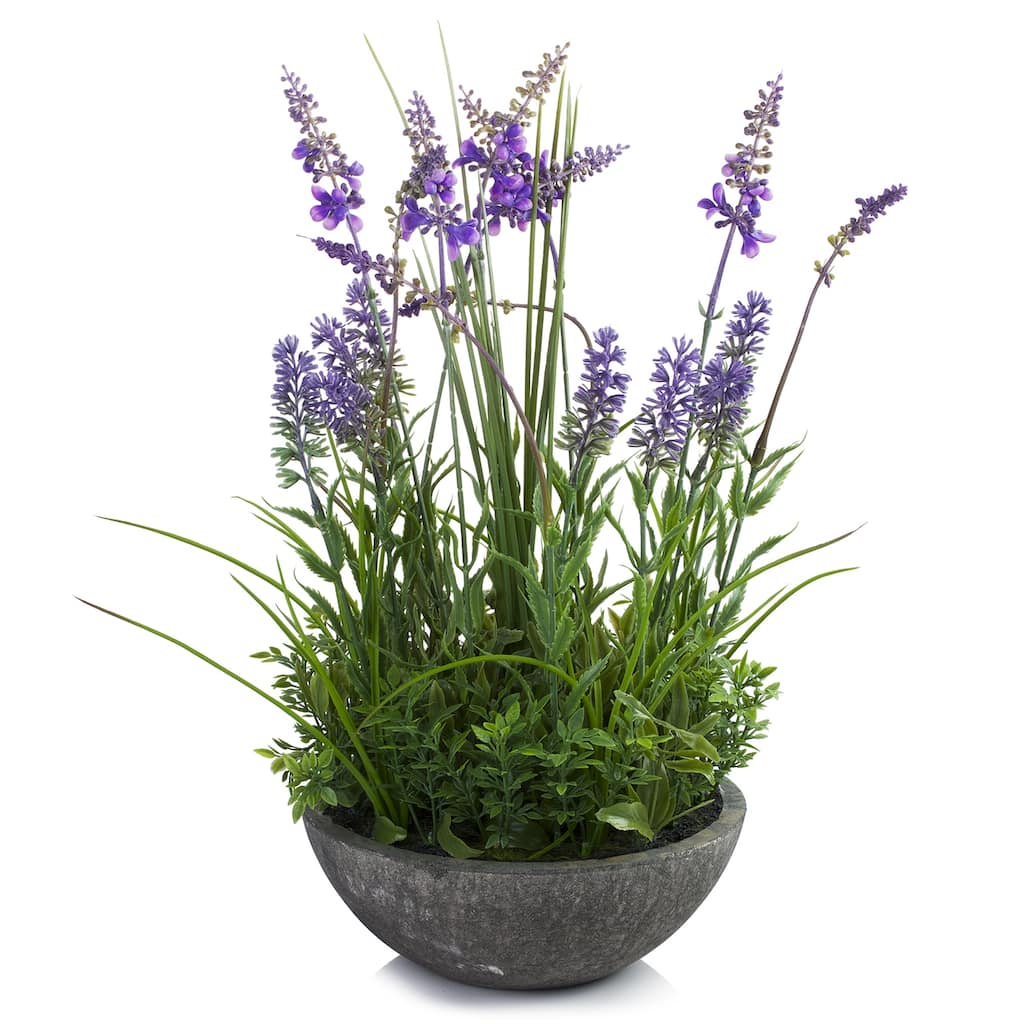 Enova Home Artificial Lavender Flowers with Greenery Arrangement in Round Tapered Ceramic Pot - 14"H x 12"W x 12"D - Purple