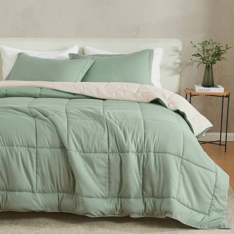 Linery & Co. All Season Down Alternative Reversible Comforter Set - Sage Solid / Sand Solid - Twin XL