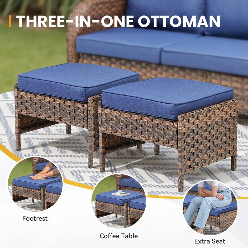 Pocassy Patio Funiture Sofa Swivel Chair Ottoman with Fire Table Set