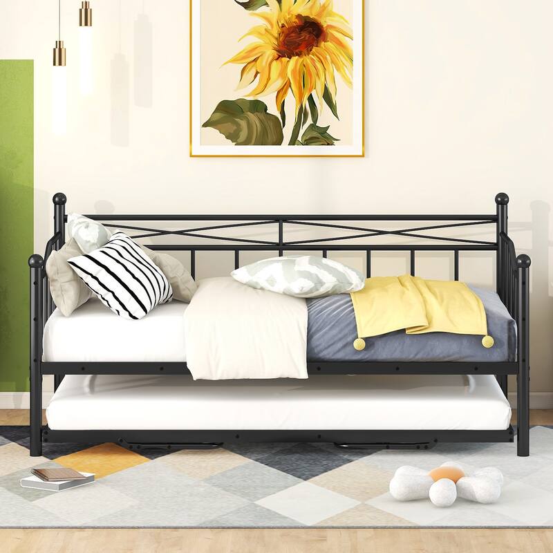 Twin Size Metal Daybed with Twin Size Adjustable Trundle, Portable