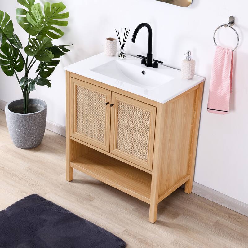 Jasper Rattan Modern Coastal 2-Shelf Bath Vanity Cabinet Only (Sink Basin Not Included), By JONATHAN Y