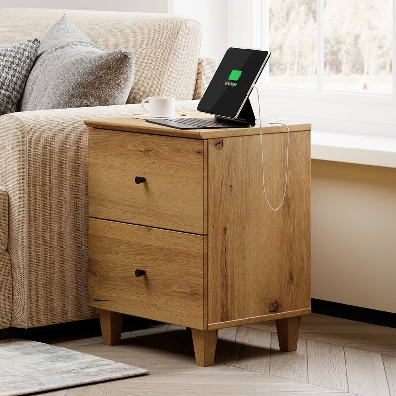 2 Drawer Nightstands with Charging Station for Bedroom