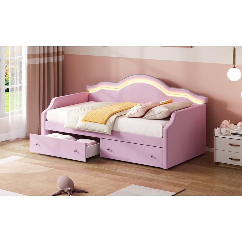 Pink Velvet Twin Upholstered Daybed with LED Lights and Storage Drawers