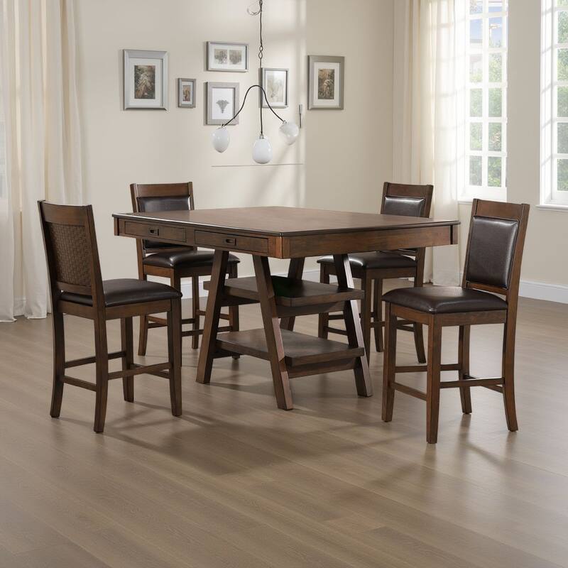 Wey 5pc Counter Height Dining Table and 4 Chairs Set, Brown, 2 Shelves