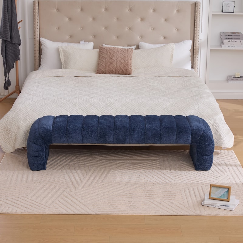69.7" Chenille Upholstered End of Bed Bench, Modern Armless Curved Long Ottoman for Bedroom or Entryway