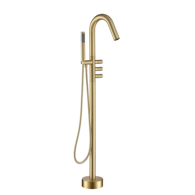 Freestanding Floor Mount 3-Handle Bath Tub Filler Faucet with Handheld Shower - Brushed Gold