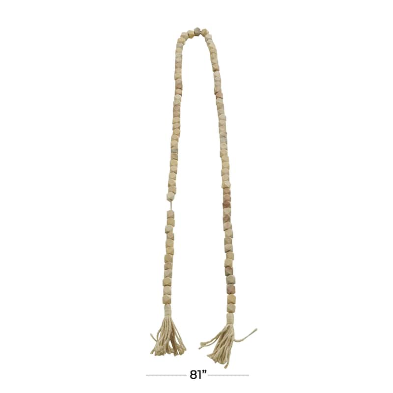 Mango Wood Handmade Hexagon Carved Geometric Long Beaded Garland with Tassel - Roche River Decor