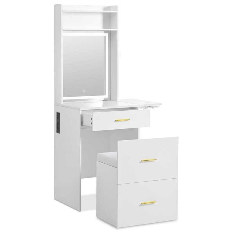 Small Vanity Desk with Mirror and Light, Makeup Table with Fold-up Panel, 3 in 1 Vanity Set with Hidden Stool