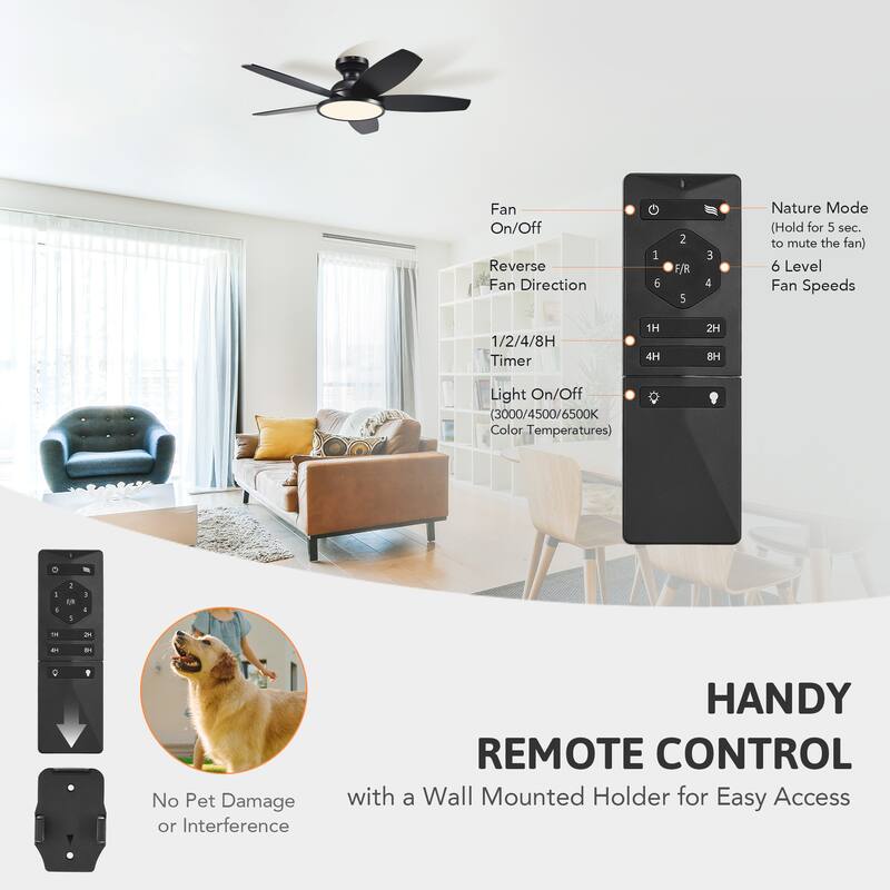 42" 5 - Blade Low Profile Flush Mount LED Ceiling Fan with Light Kit and Remote