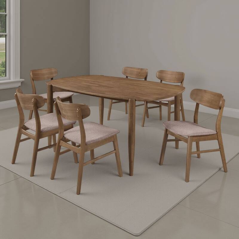 Dora 7pc Dining Table n 6 Chairs Set, Curved Scandinavian, Walnut Brown