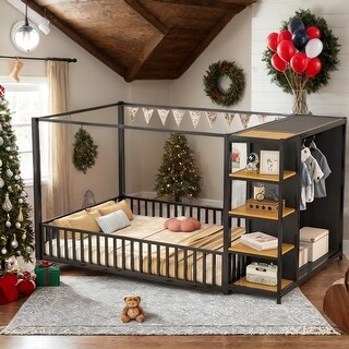 Black Full Size Metal Floor Bed Kids Bed with Wardrobe - Bed Bath ...
