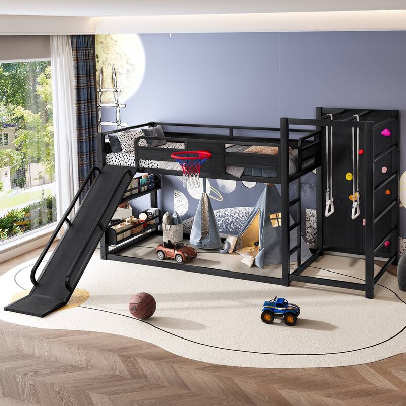 Twin size metal loft/bunk bed with basketball hoop, pull-up rings, climbing wall, and built-in bookshelves