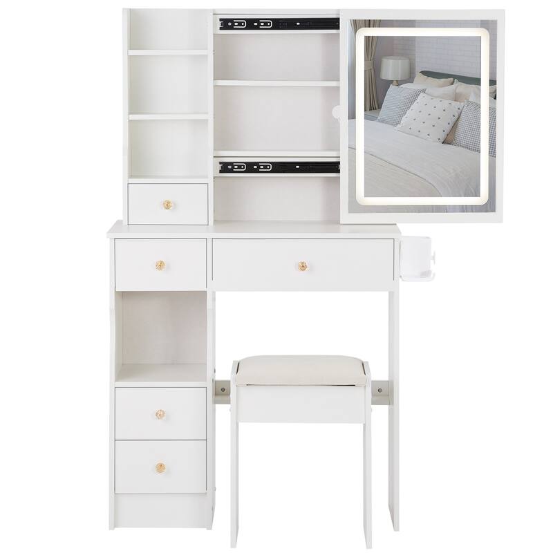 29.2" Small Size Left Drawer Desktop Vanity Table + Cushioned Stool, 2 AC+2 USB Power Station, Hair dryer bracket - White
