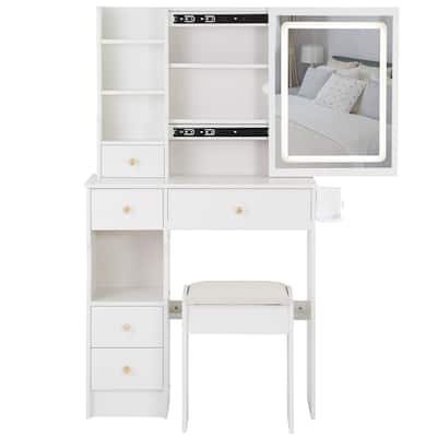 Vanity Table Set with Drawers and Upholstered Stool, Makeup Table with Hairdryer Holder, Vanity Desk with Sliding Mirror