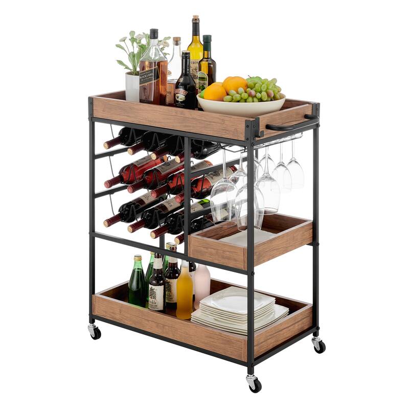 Rustic Walnut Veneer and Metal Rolling Farmhouse Wine Bar Cart with Wine Bottle and Glass Rack