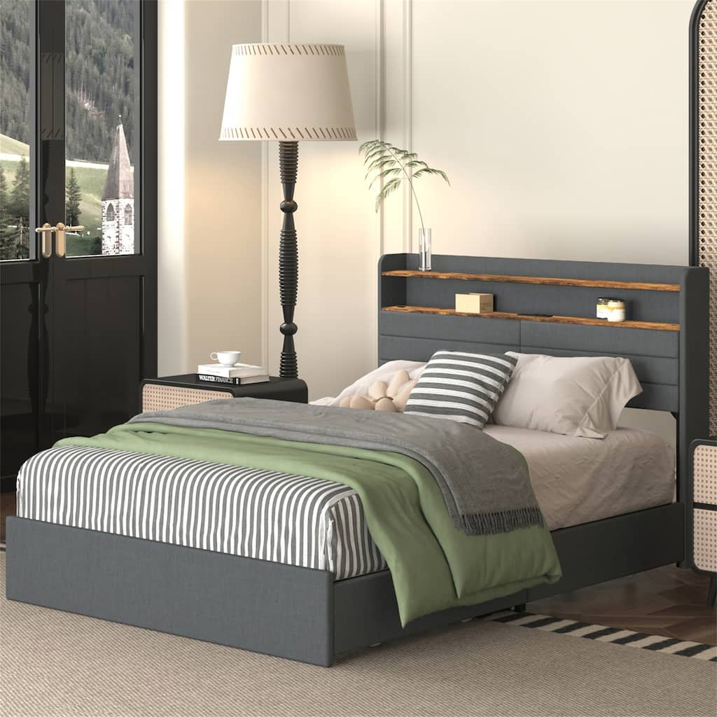 Full/Queen Size LED Upholstered Platform Bed w/ Drawers,Charging Station