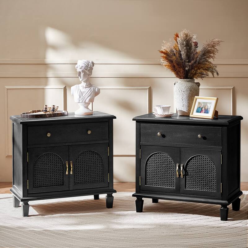 Georg Traditional 2-Faux rattan-Door End Table with Built-in Power Outlet and Adjustable Shelf Set of 2 by HULALA HOME
