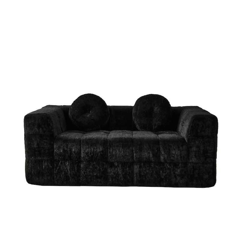 Modular Boneless Cloud Couch, Checkered Fabric Upholstered 2 Seater Foam Sofa, Lounge Sofa with 2 Circular Throw Pillows