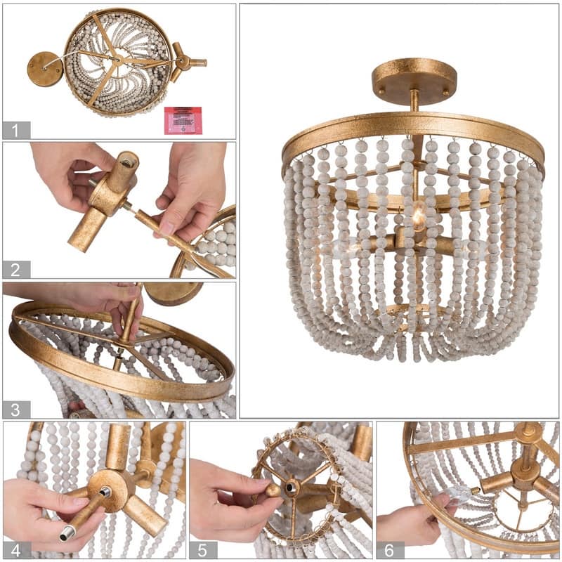 Cotia Boho Modern Glam 3-Light Wood Beads Semi-flush Mount Ceiling Lights Gold Chandelier - D14"*H15.5"