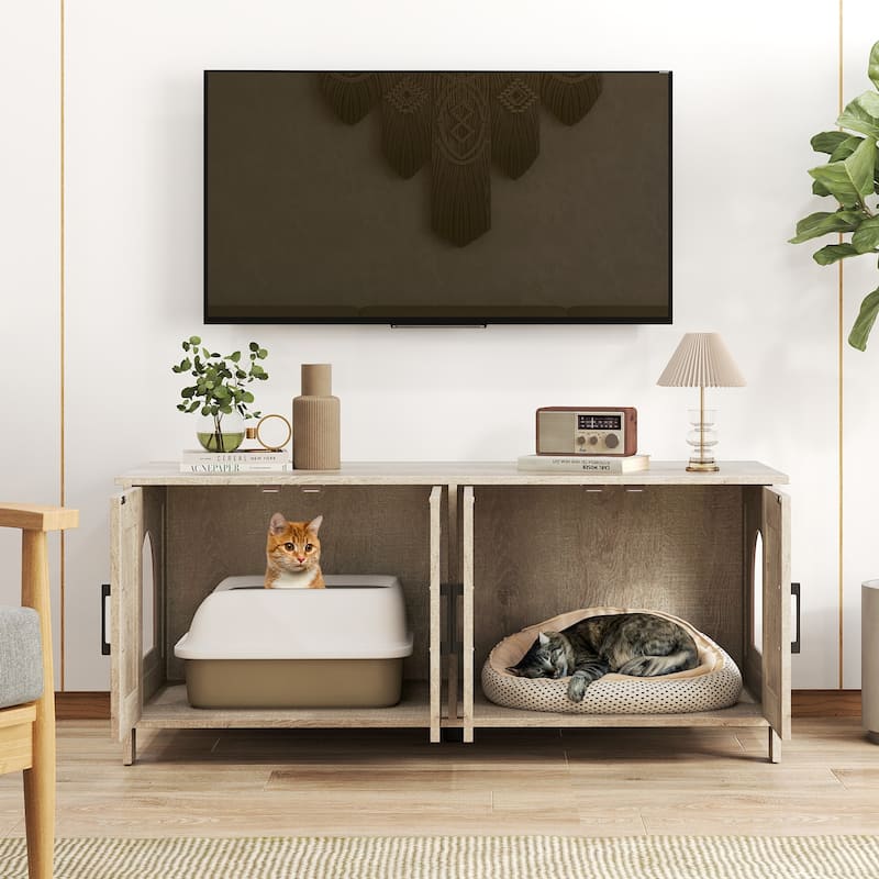 Modern Cat Litter Box Enclosure for 2 Cats, Hidden Kitty Furniture - 48" x 20" x 20" - Oak